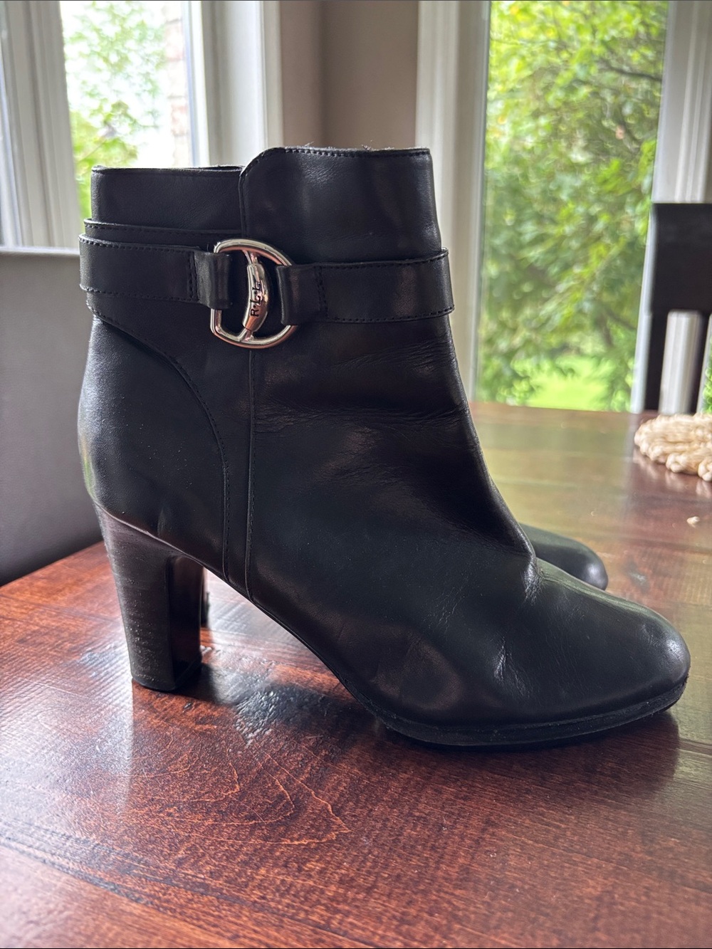 Lauren Ralph Lauren Black Leather Ankle Bootie with Decorative Buckle